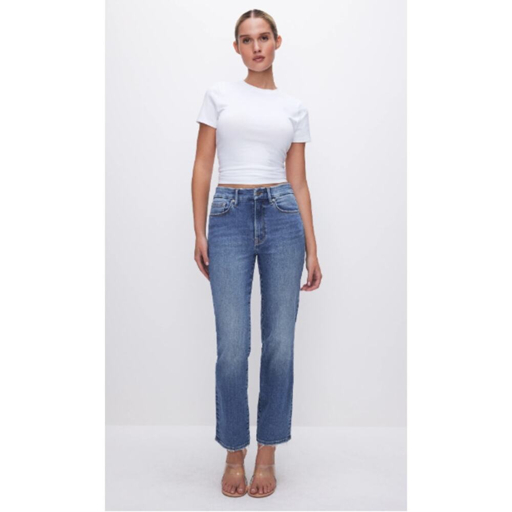 Good American Straight Leg Ankle Jeans Raw Hem Blue Distressed High Rise 8 / 29